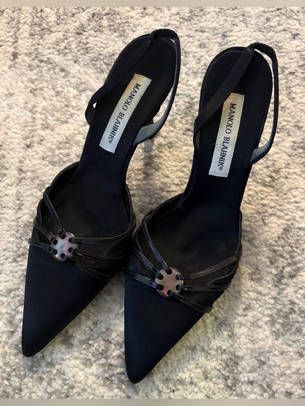 Manolo Blahnik Black Satin Strappy Slingback Heels with Decorative Accent